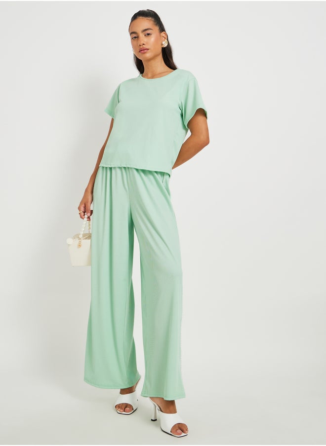 Take Two Green Solid Short Sleeve T-Shirt and Beaded Detail Pants Co-Ords  - Image 1