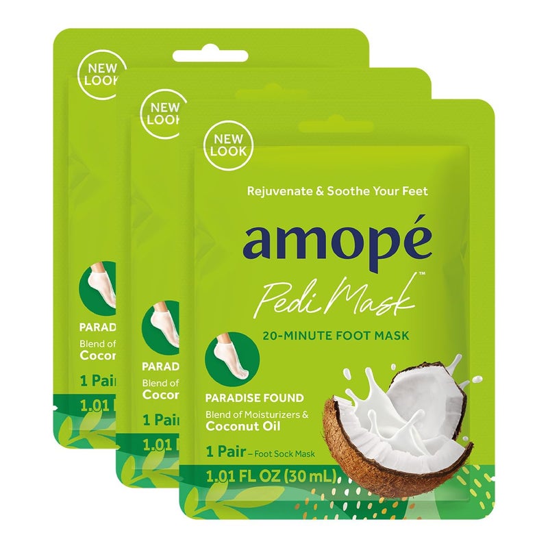 Amope AmopÃ© Pedi Mask 20-Minute Foot Mask, Intensely Moisturizing Socks, Paradise Found with Coconut Oil, Urea & Vitamin Complex for Long Lasting Hydration, No Added Fragrance, 3 pair (Packaging May Vary) - Image 1