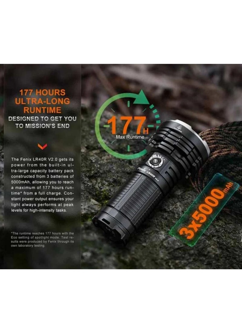 فينيكس - كشاف LR40R V2.0 Fenix يجمع بين الإضاءة المركزة والمنتشرة قوة الإضاءة إلى 15000 شمعة اضاؤة تصل الى 900 متر بمنفذ تايب سي للشحن السريع - Image 1