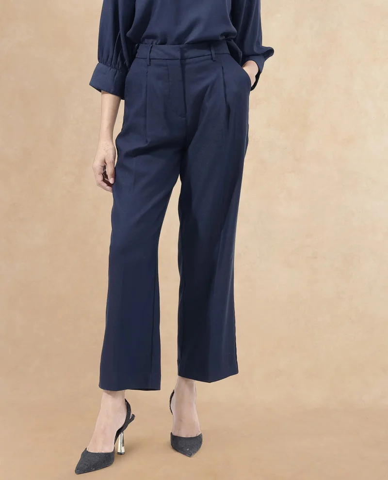 Rareism Rareism Women Nuray Navy Cotton Fabric Zipper Closure Solid Regular Fit Trouser