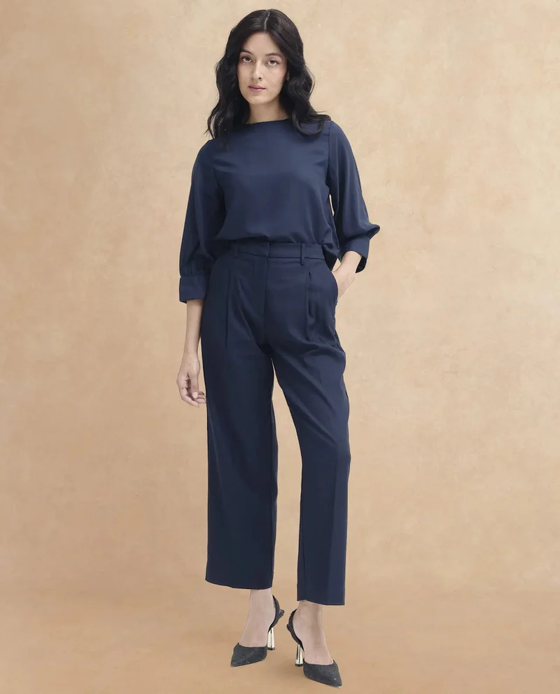 Rareism Rareism Women Nuray Navy Cotton Fabric Zipper Closure Solid Regular Fit Trouser