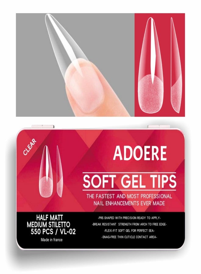 ADOERE Professional Soft Gel Nail Tips, 550 Pieces Clear False Nails for Extension, Full Cover with Storage Box, DIY Nail Art, Salon Use (Half Matte Medium Stiletto) - Image 1