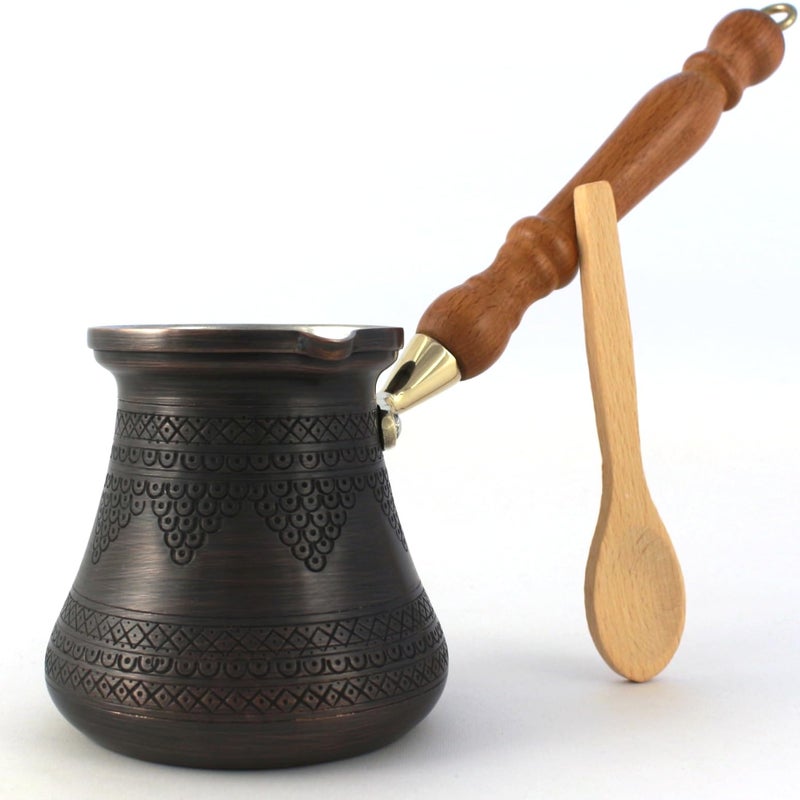 DEDE Copper  PCZ Series Large14floz  Thickest Solid Copper EngravedHammered Turkish Greek Arabic Coffee Pot with Wooden Handle Stovetop Coffee Maker Cezve Jezve Jazva Ibrik Briki Antique