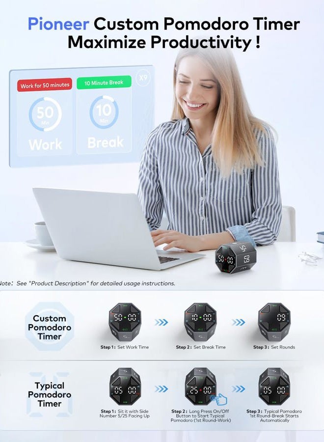 Ticktime Pomodoro Octagonal Timer, Cube Timer Digital, Mute and Alarm, for Work, ADHD, Office, Task, Meeting, Learning, Productivity, 3/5/10/15/30/45/60min & Custom Countdown - Grey - Image 3