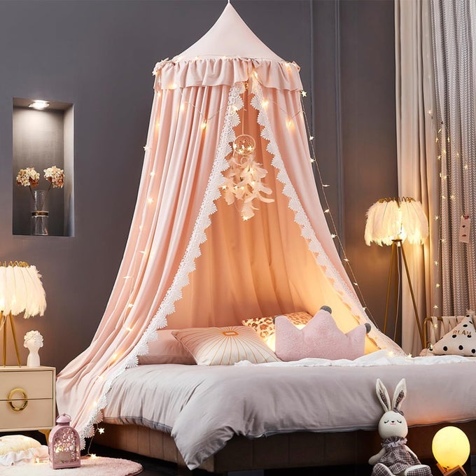 BED CANOPY FOR GIRLS RUFFLED SOFT PINK PRINCESS CANOPY DREAMY BOW DECOR BED CANOPIES FOR KIDS ROOM HANGING CANOPY BEDDING DRAPES TODDLER READING NOOK PLAY TENT PINK