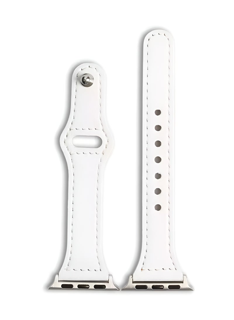 Leather Watch Strap with Metal Button - High Quality - Compatible with 42mm/44mm/45mm Watches - Strong Clip Design-WHITE - Image 1