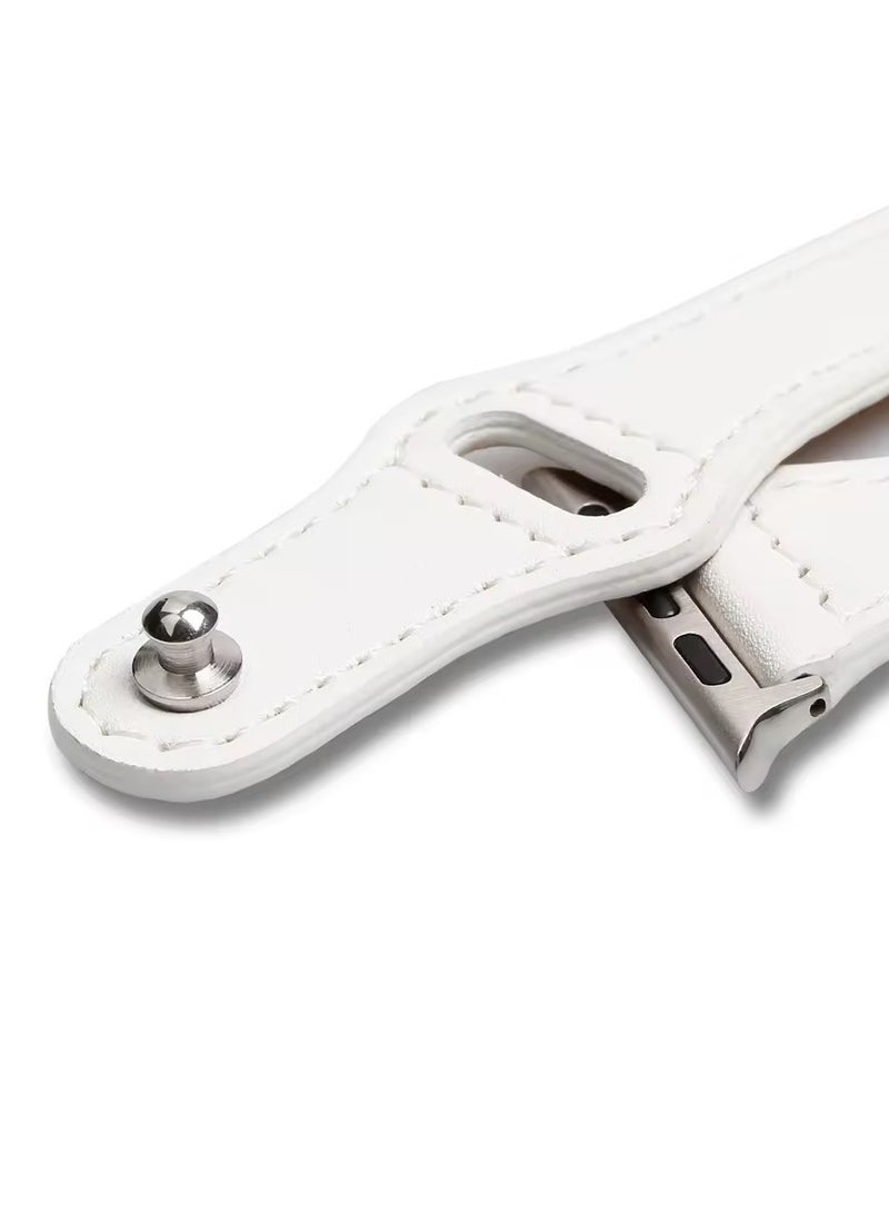 Leather Watch Strap with Metal Button - High Quality - Compatible with 42mm/44mm/45mm Watches - Strong Clip Design-WHITE - Image 3