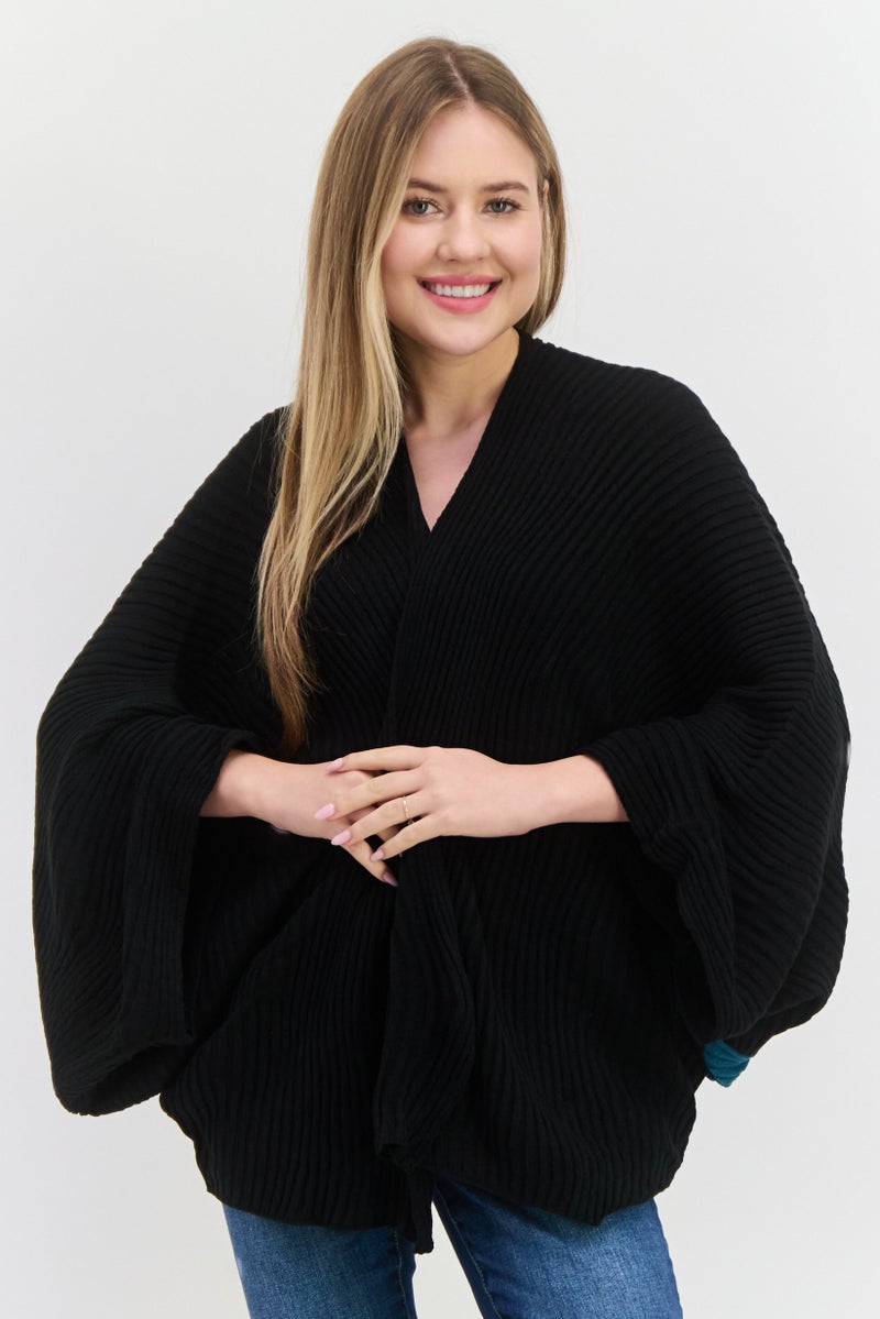 Laundry by Shelli Segal Women Ribbed Kimono Sweater, Black  - Image 1
