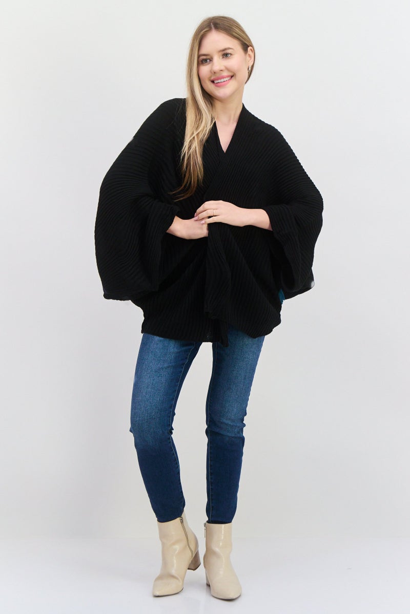 Laundry by Shelli Segal Women Ribbed Kimono Sweater, Black  - Image 4