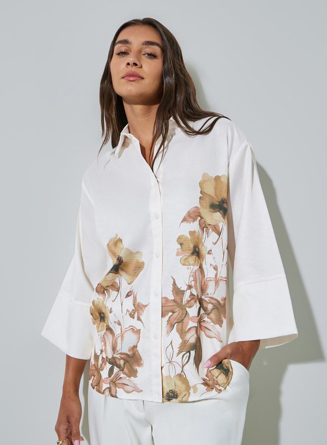 Styli Off White Floral Print 3/4 Sleeve Shirt - Image 1