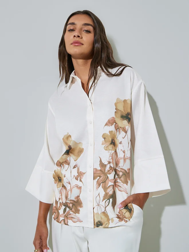 Styli Styli Off White Floral Print 3/4 Sleeve Shirt