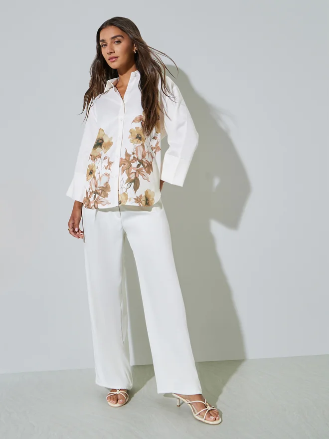 Styli Styli Off White Floral Print 3/4 Sleeve Shirt