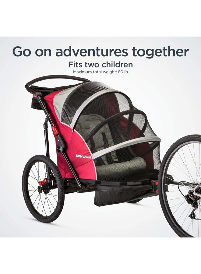 SCHWINN عربة أطفال مزدوجة جوي رايدر ديلوكس، تتسع لحد أقصى 2 طفل بوزن إجمالي 80 رطل، مظلة، إطارات مملوءة بالهواء مقاس 20 بوصة، حمراء - Image 2