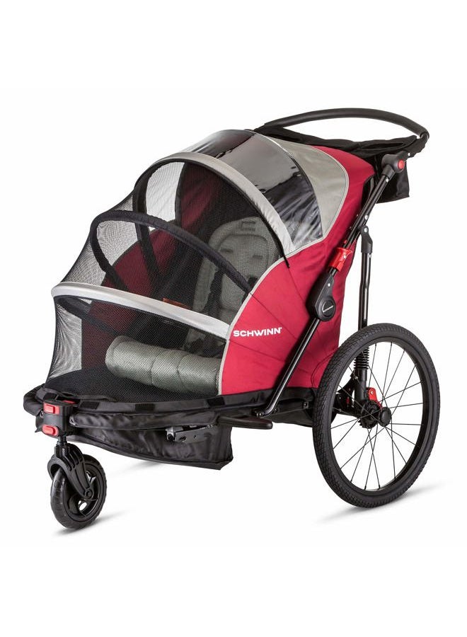 SCHWINN عربة أطفال مزدوجة جوي رايدر ديلوكس، تتسع لحد أقصى 2 طفل بوزن إجمالي 80 رطل، مظلة، إطارات مملوءة بالهواء مقاس 20 بوصة، حمراء - Image 1