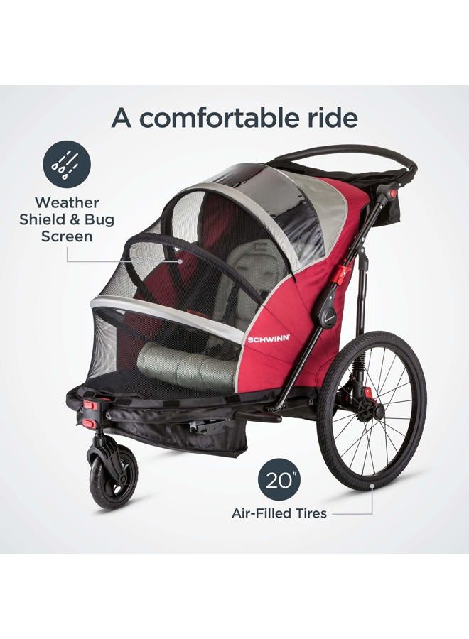 SCHWINN عربة أطفال مزدوجة جوي رايدر ديلوكس، تتسع لحد أقصى 2 طفل بوزن إجمالي 80 رطل، مظلة، إطارات مملوءة بالهواء مقاس 20 بوصة، حمراء - Image 3