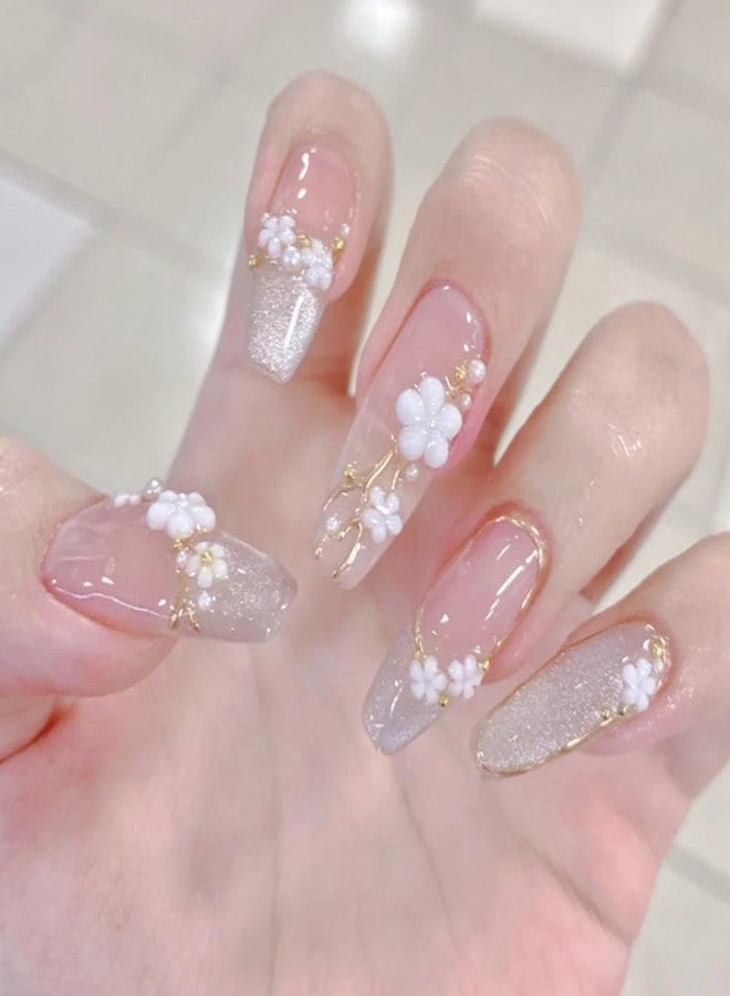 Hrnsnails Long Press On Nails Coffin White Fake Nails with Glitter French Tip Nails and Flower Charm Nail Press Ons Design, Artificial False Nails Press On Nail Kit Stick On Nails for Women - Image 1