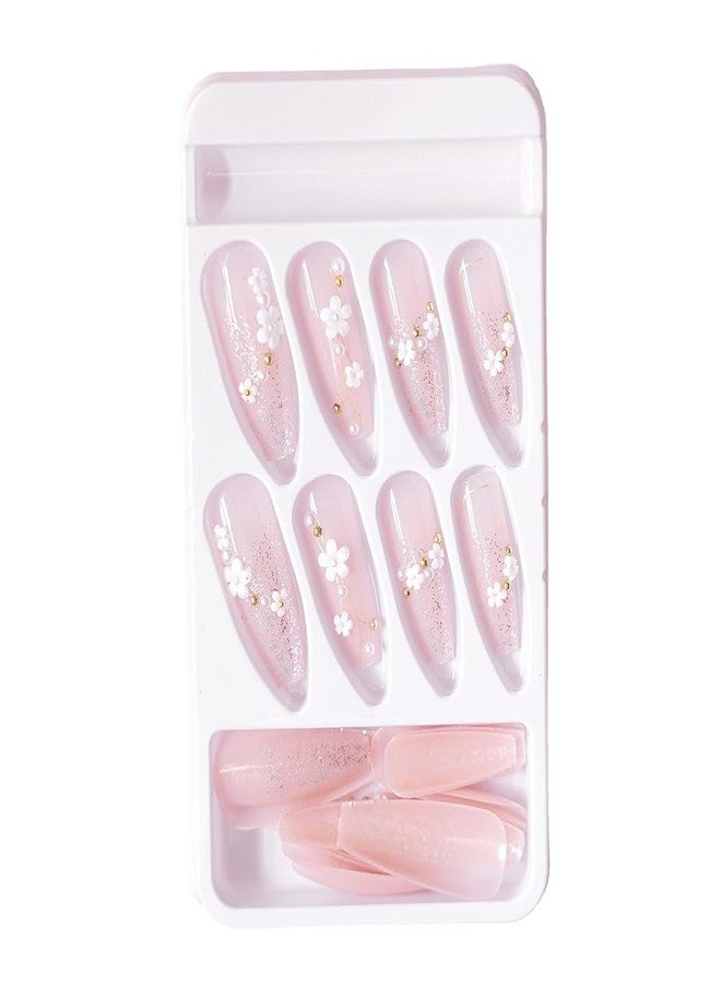 Hrnsnails Long Press On Nails Coffin White Fake Nails with Glitter French Tip Nails and Flower Charm Nail Press Ons Design, Artificial False Nails Press On Nail Kit Stick On Nails for Women - Image 5