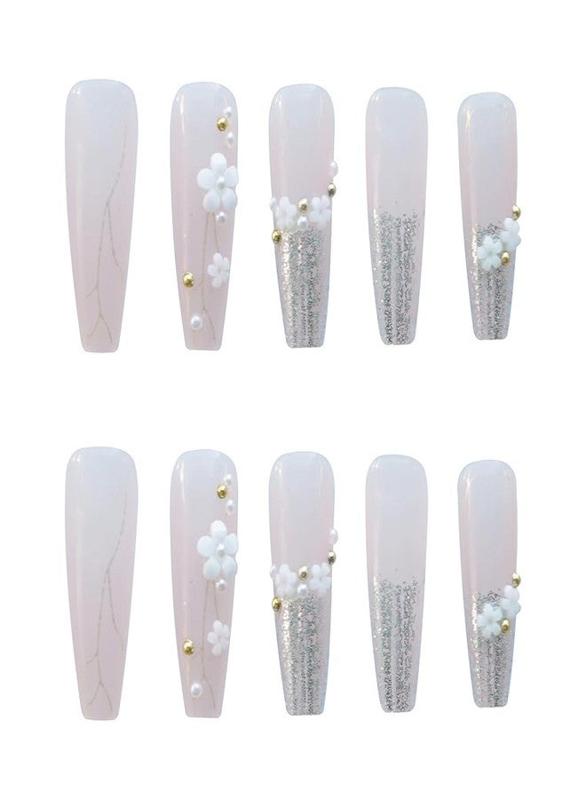 Hrnsnails Long Press On Nails Coffin White Fake Nails with Glitter French Tip Nails and Flower Charm Nail Press Ons Design, Artificial False Nails Press On Nail Kit Stick On Nails for Women - Image 4