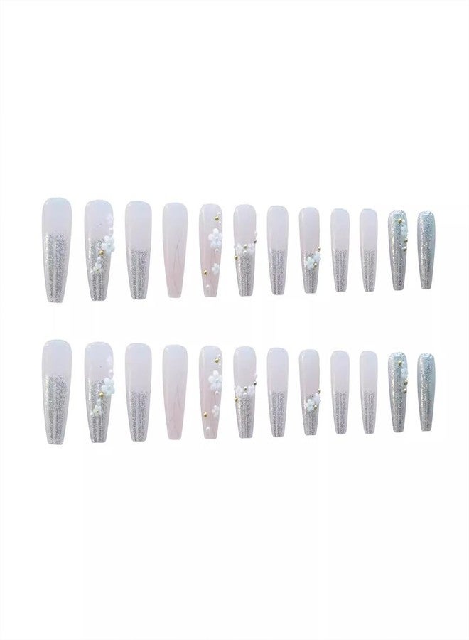Hrnsnails Long Press On Nails Coffin White Fake Nails with Glitter French Tip Nails and Flower Charm Nail Press Ons Design, Artificial False Nails Press On Nail Kit Stick On Nails for Women - Image 3