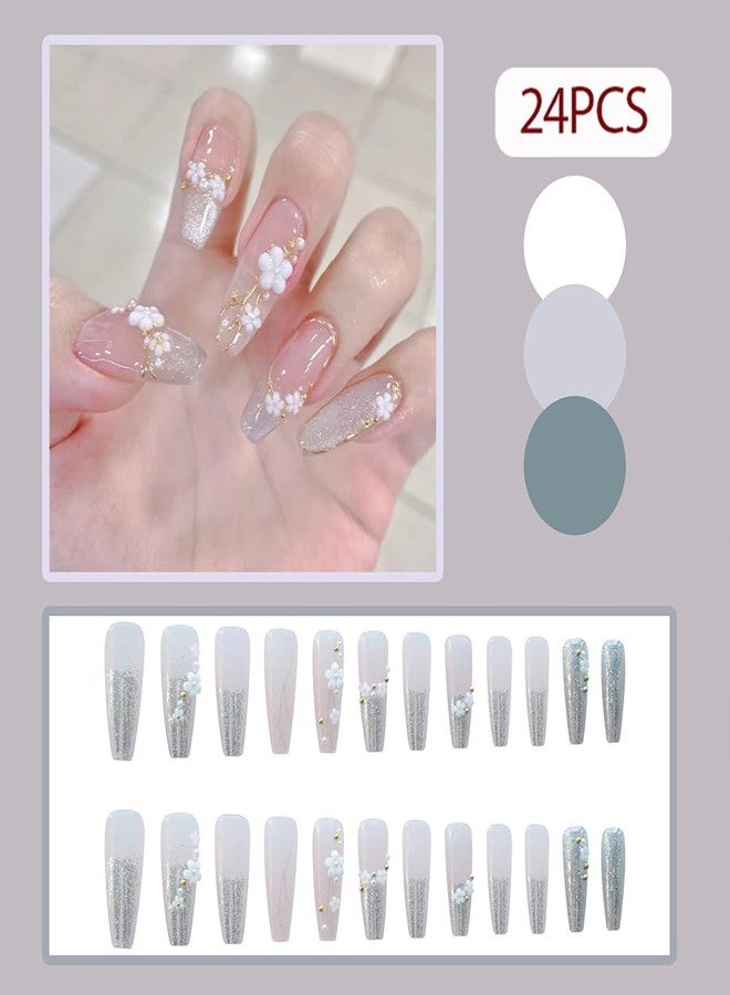 Hrnsnails Long Press On Nails Coffin White Fake Nails with Glitter French Tip Nails and Flower Charm Nail Press Ons Design, Artificial False Nails Press On Nail Kit Stick On Nails for Women - Image 2