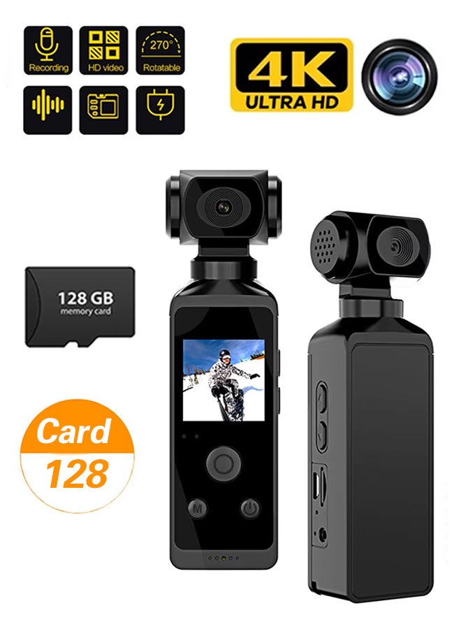 Handheld Action Camera, 4k 30FPS Video Camera, 1.3 Inch Screen, 270 Degree Rotating Lens, with 30M Water Proof Case, Portable Vlogging Camera for Photography Outdoor Riding Diving ,with 128G Card - Image 1
