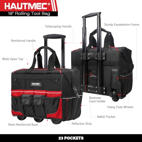 HAUTMEC 18 Rolling Tool Bag with Wheels HeavyDuty WaterResistant Tool Bag Organizer with 23Pocket WideMouth Design Oversized Wheels Telescoping Handle HT0059 - Image 3