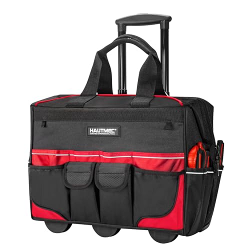 HAUTMEC 18 Rolling Tool Bag with Wheels HeavyDuty WaterResistant Tool Bag Organizer with 23Pocket WideMouth Design Oversized Wheels Telescoping Handle HT0059 - Image 1
