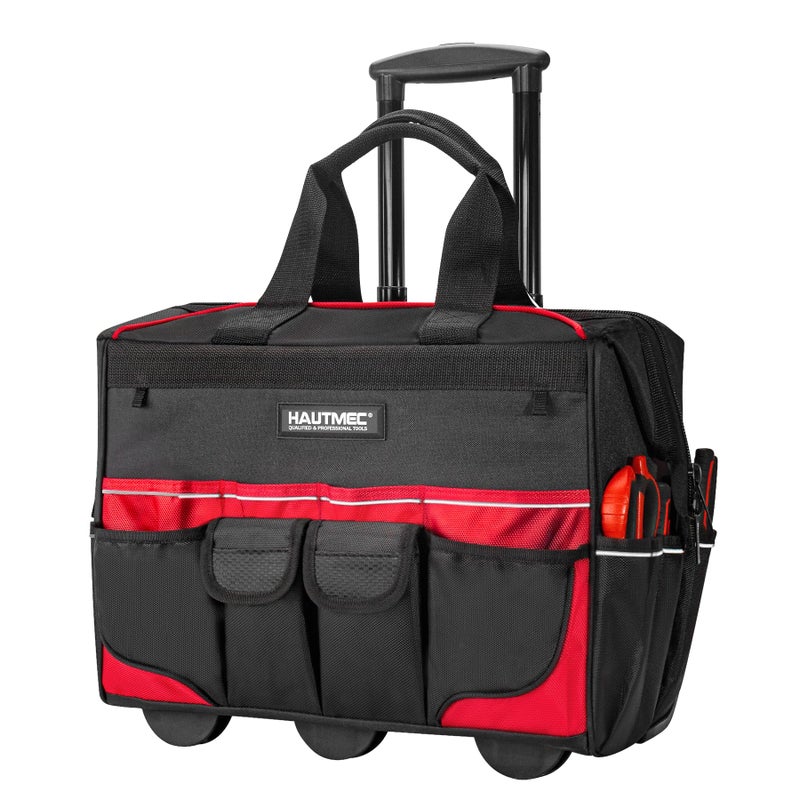 HAUTMEC 18 Rolling Tool Bag with Wheels HeavyDuty WaterResistant Tool Bag Organizer with 23Pocket WideMouth Design Oversized Wheels Telescoping Handle HT0059 - Image 2