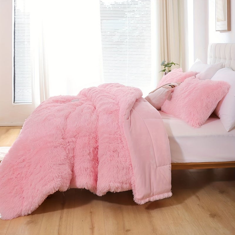 Pink Queen Size Faux Fur Plush Comforter Fluffy Fuzzy Shaggy Bedding Soft Warm Quilt Ultra Soft Crystal Velvet Cozy Thick Fiber Fill For All Seasons - Image 5