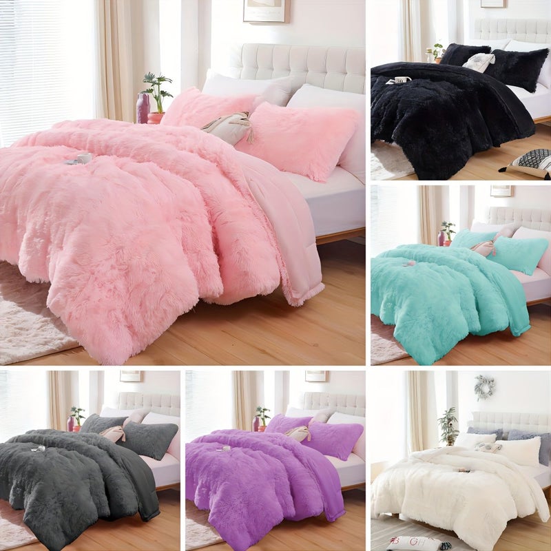 Pink Queen Size Faux Fur Plush Comforter Fluffy Fuzzy Shaggy Bedding Soft Warm Quilt Ultra Soft Crystal Velvet Cozy Thick Fiber Fill For All Seasons - Image 1