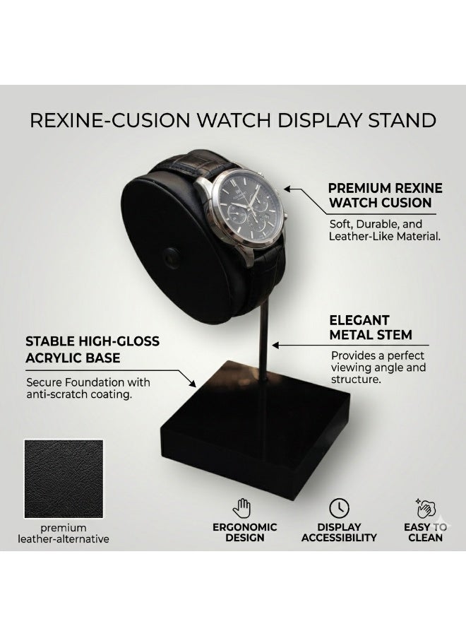 Al Seraj Luxury Watch Stand Display with Cylindrical Cushion | Premium Black Rexine Watch Holder with Metal Base | Elegant Watch Display Stand for Home, Showroom & Gift - Image 3