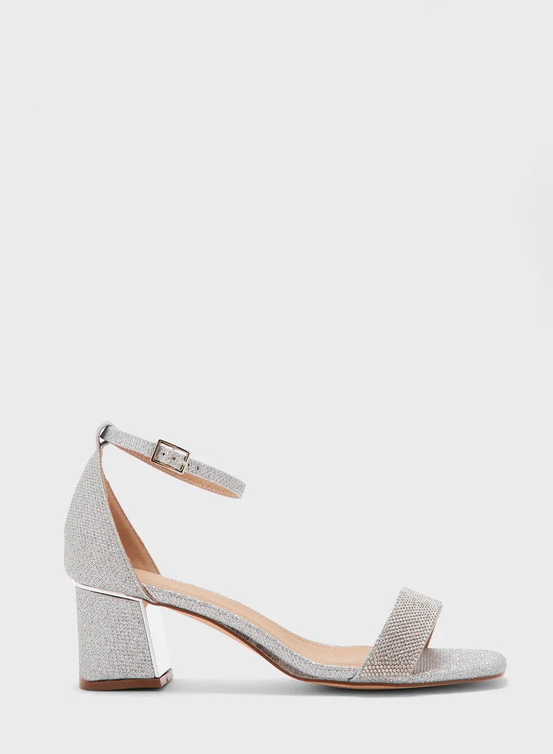 Truffle Wide Fit Diamante Strap Shimmer Block Heel Sandal