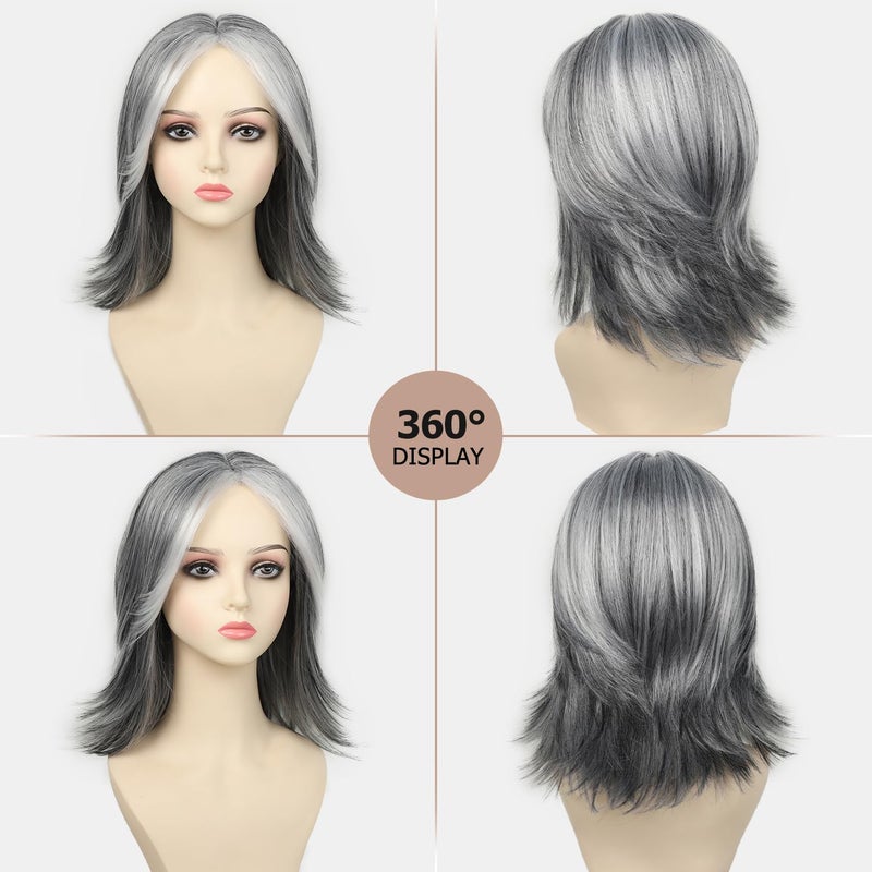 SEVENCOLORS Layered Grey Silver Wigs for White Women Short Mixed Gray Wig with Curtain Bangs Synthetic Hair Medium Length Bob Wigs - Image 2