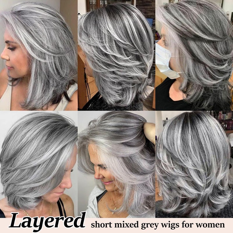 SEVENCOLORS Layered Grey Silver Wigs for White Women Short Mixed Gray Wig with Curtain Bangs Synthetic Hair Medium Length Bob Wigs - Image 5