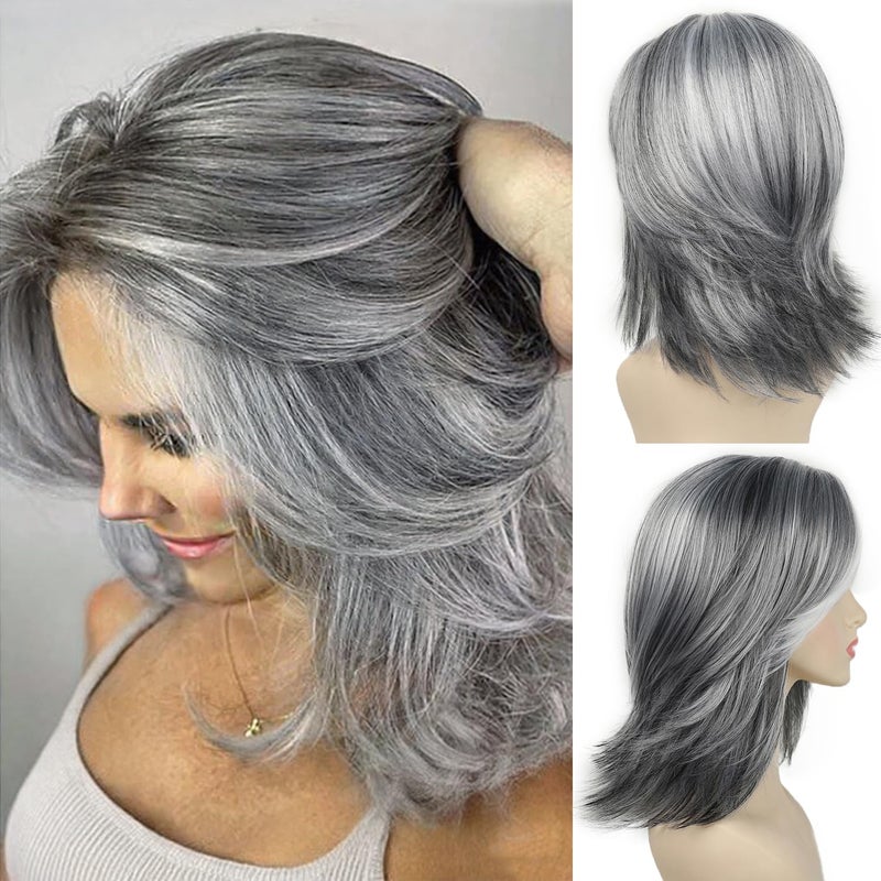 SEVENCOLORS Layered Grey Silver Wigs for White Women Short Mixed Gray Wig with Curtain Bangs Synthetic Hair Medium Length Bob Wigs - Image 1