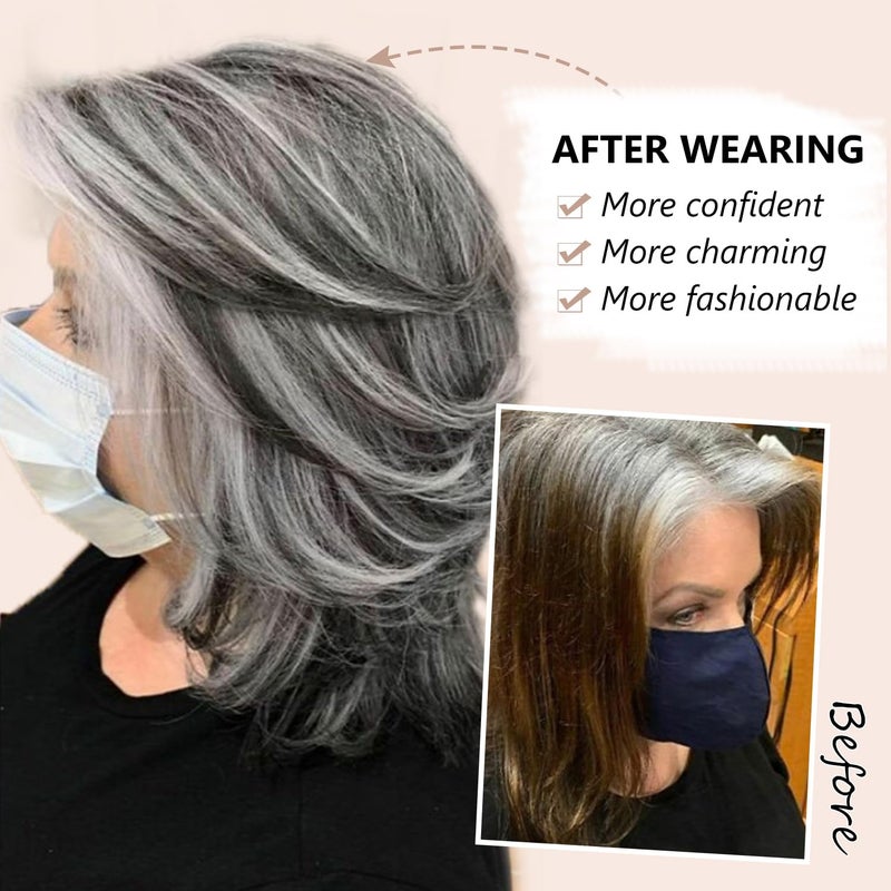 SEVENCOLORS Layered Grey Silver Wigs for White Women Short Mixed Gray Wig with Curtain Bangs Synthetic Hair Medium Length Bob Wigs - Image 3
