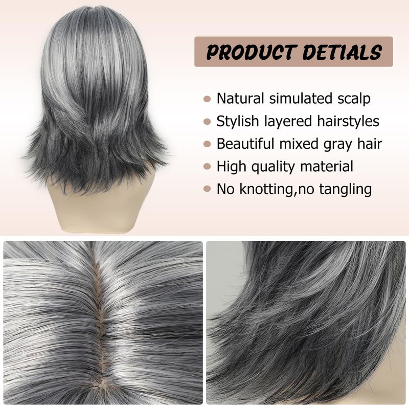 SEVENCOLORS Layered Grey Silver Wigs for White Women Short Mixed Gray Wig with Curtain Bangs Synthetic Hair Medium Length Bob Wigs - Image 4