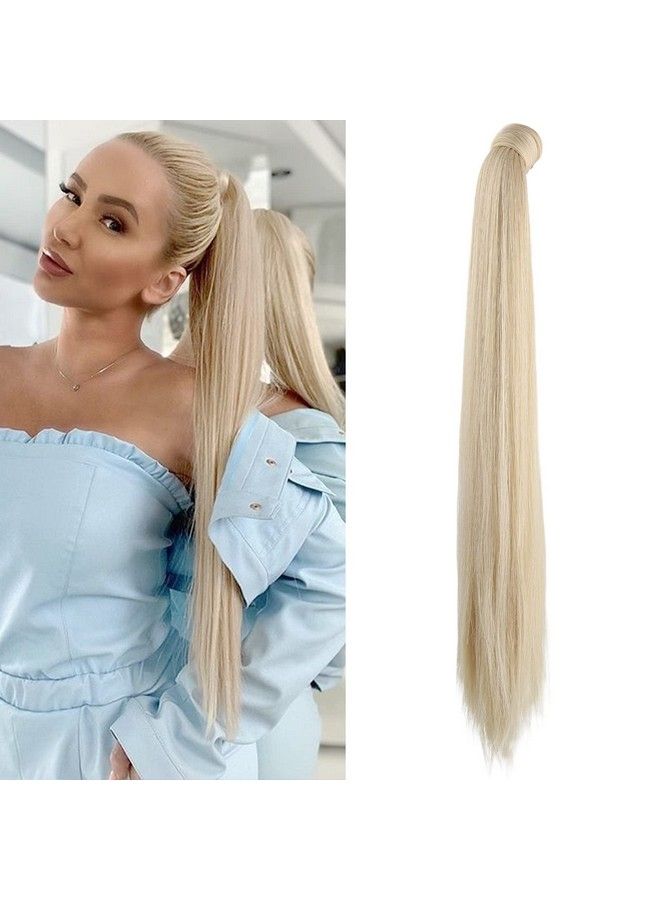 SEIKEA إكستنشن ذيل حصان قابل للتثبيت بطول 28 إنش، لف حول ذيل حصان طويل مستقيم، قطعة شعر صناعية للنساء، لون بلاتيني بارد - Image 1