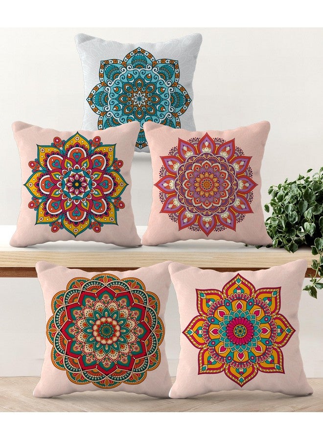 HOOPY Canvas Set of 5 Designer Decorative Throw Pillow/Cushion Covers (16 Inch X 16 Inch, Mandala Print), 100 TC,Multicolor - Image 1