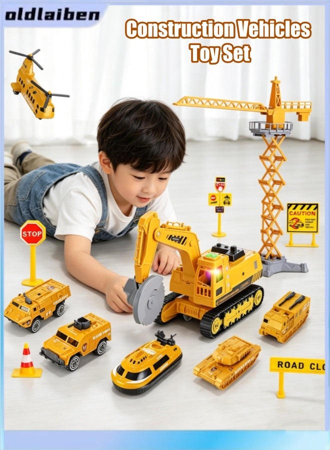 oldlaiben Construction Vehicles Toy Set,Take Apart Construction Truck Toys For Kids,Kids Engineering Playset With Crane,Excavator,Alloy Cars,Road Signs - 3 Interchangeable Parts, Gift For BoysGirl - Image 1