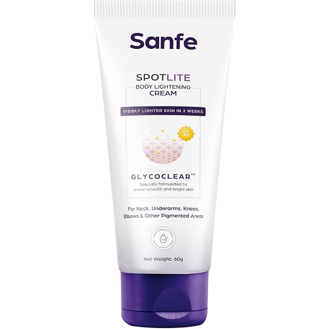 Sanfe Spotlite Body Cream For Dark Neck, Joints and Skinfolds | Enriched with 3% Glyoclic Acid, Alpha Arbutin & SPF 30 | For Dark Patches, Detanning, Anti Aging and Skin Tightening | Helps in - Image 1