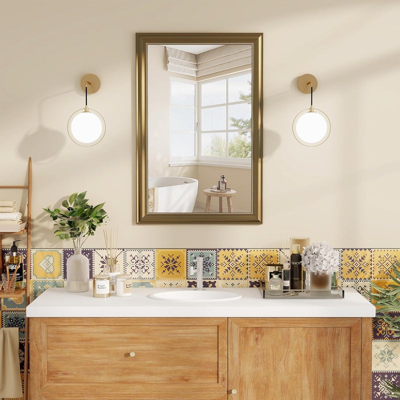 Axeman 22x30 Rectangular Wall Mirror, Decorative Bathroom Mirror, Traditional Vintage Wall Mounted Mirror with Beaded Frame for Accent Living Room Vanity Bedroom Entryway, Gold - Image 2