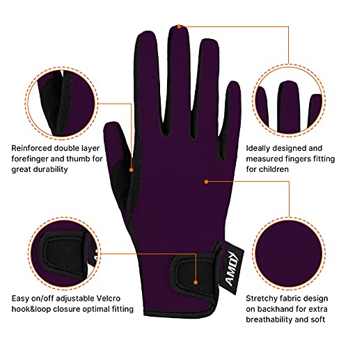 Amoy Kids Horse Riding Gloves Stretch Equestrian Horseback Gloves Boys & Girls Youth Outdoor Mitts Perfect for Biking Cycling Gardening Deep Purple S Age 6-8 - Image 2