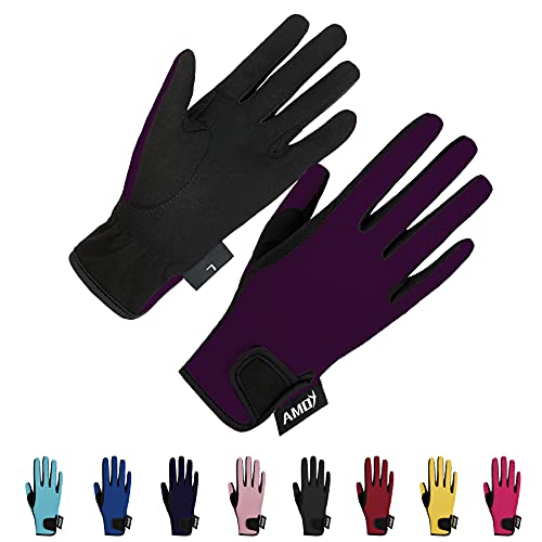 Amoy Kids Horse Riding Gloves Stretch Equestrian Horseback Gloves Boys & Girls Youth Outdoor Mitts Perfect for Biking Cycling Gardening Deep Purple S Age 6-8 - Image 1