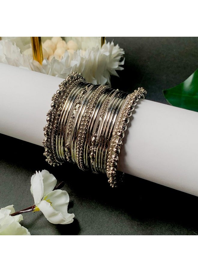 I Jewels I Jewels Navratri Ethnic Traditional Silver Oxidized Bangle Set For Women (ADB157S-a) (Pack of 1)  - Image 5
