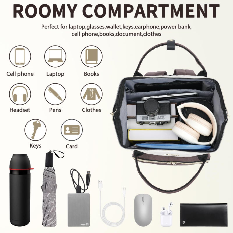 VANKEAN 17 Inch Laptop Backpack for Women Men Fashion Computer Work Bag, Large Capacity Waterproof Backpack with USB Port & RFID Pockets, College Daypack Business Travel, Beige-Coffee - Image 5