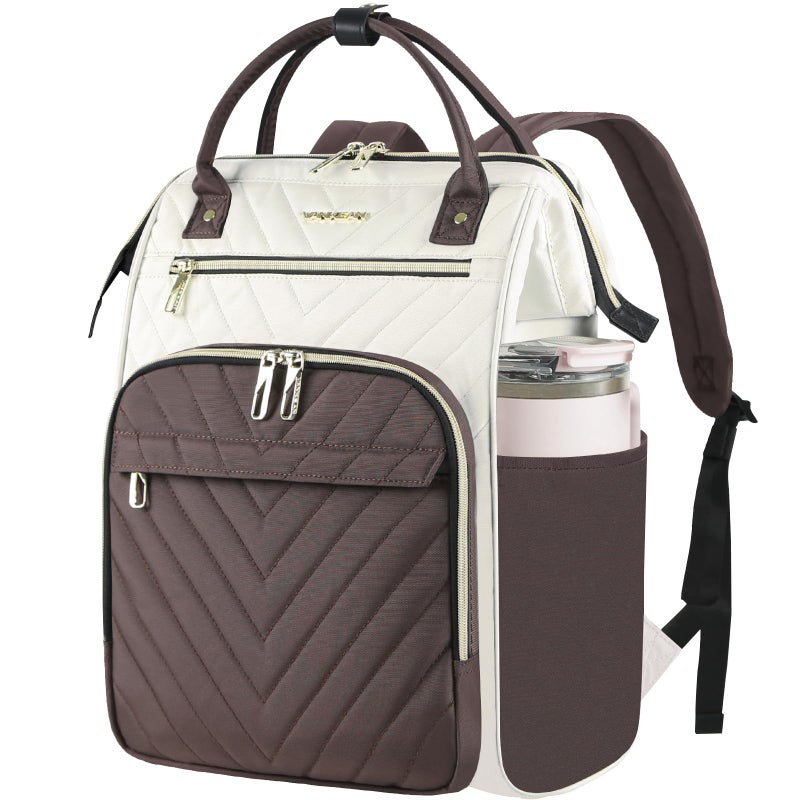 VANKEAN 17 Inch Laptop Backpack for Women Men Fashion Computer Work Bag, Large Capacity Waterproof Backpack with USB Port & RFID Pockets, College Daypack Business Travel, Beige-Coffee - Image 1