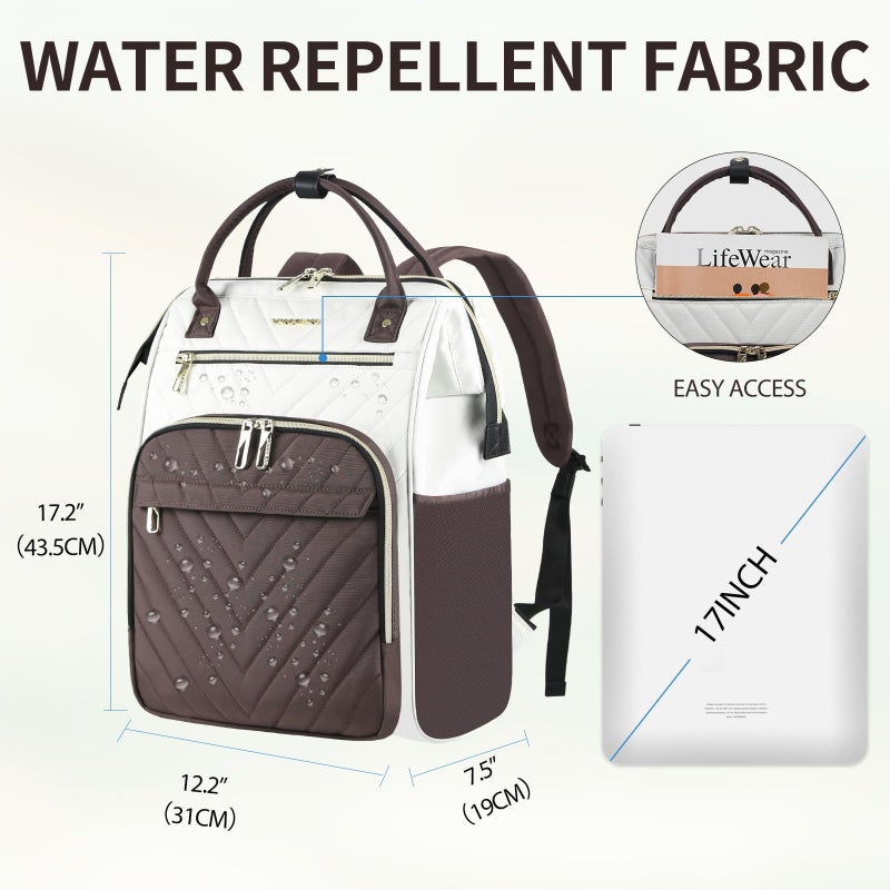 VANKEAN 17 Inch Laptop Backpack for Women Men Fashion Computer Work Bag, Large Capacity Waterproof Backpack with USB Port & RFID Pockets, College Daypack Business Travel, Beige-Coffee - Image 2