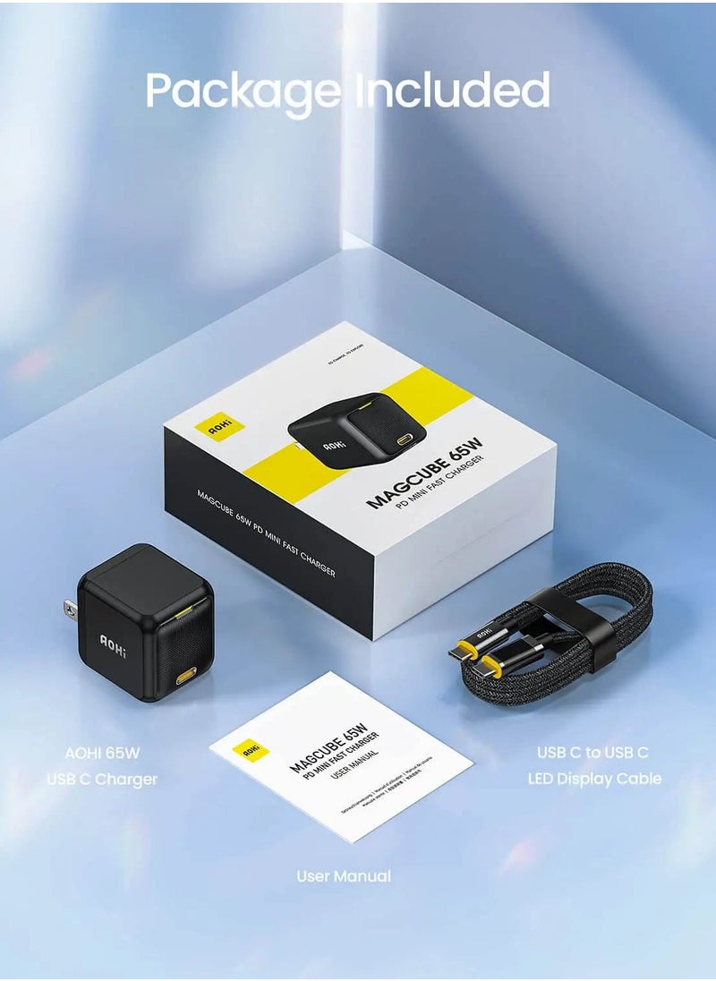  أوهي - أوهي شاحن بقدرة 65 واط PD USB C، محول طاقة شاحن حائط سريع GaN+ Magcube مع كابل USB C مزود بشاشة LED بطول 4 أقدام للكمبيوتر المحمول MacBook Pro/Air، جالاكسي، لآيفون 16/15/بلاس/برو ماكس/14/13، أسود - Image 1