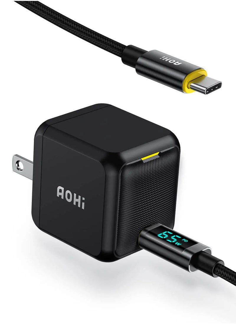  أوهي أوهي شاحن بقدرة 65 واط PD USB C، محول طاقة شاحن حائط سريع GaN+ Magcube مع كابل USB C مزود بشاشة LED بطول 4 أقدام للكمبيوتر المحمول MacBook Pro/Air، جالاكسي، لآيفون 16/15/بلاس/برو ماكس/14/13، أسود  - Image 1
